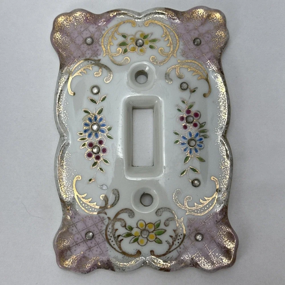 Vintage Lefton's Floral Rhinestones Porcelain Light Switch Plate Cover Pink 2685